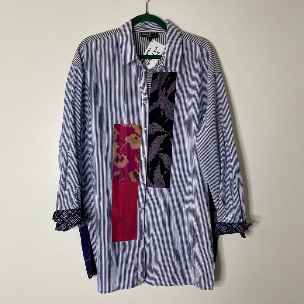 BRACCI Pamela Bracci Handpainted Silk Patchwork Stripe Tunic Shirt Large